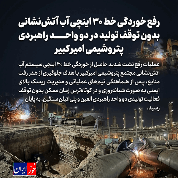 رفع خوردگی خط ۳۰ اینچی آب آتشنشانی بدون توقف تولید در دو واحد راهبردی پتروشیمی امیرکبیر